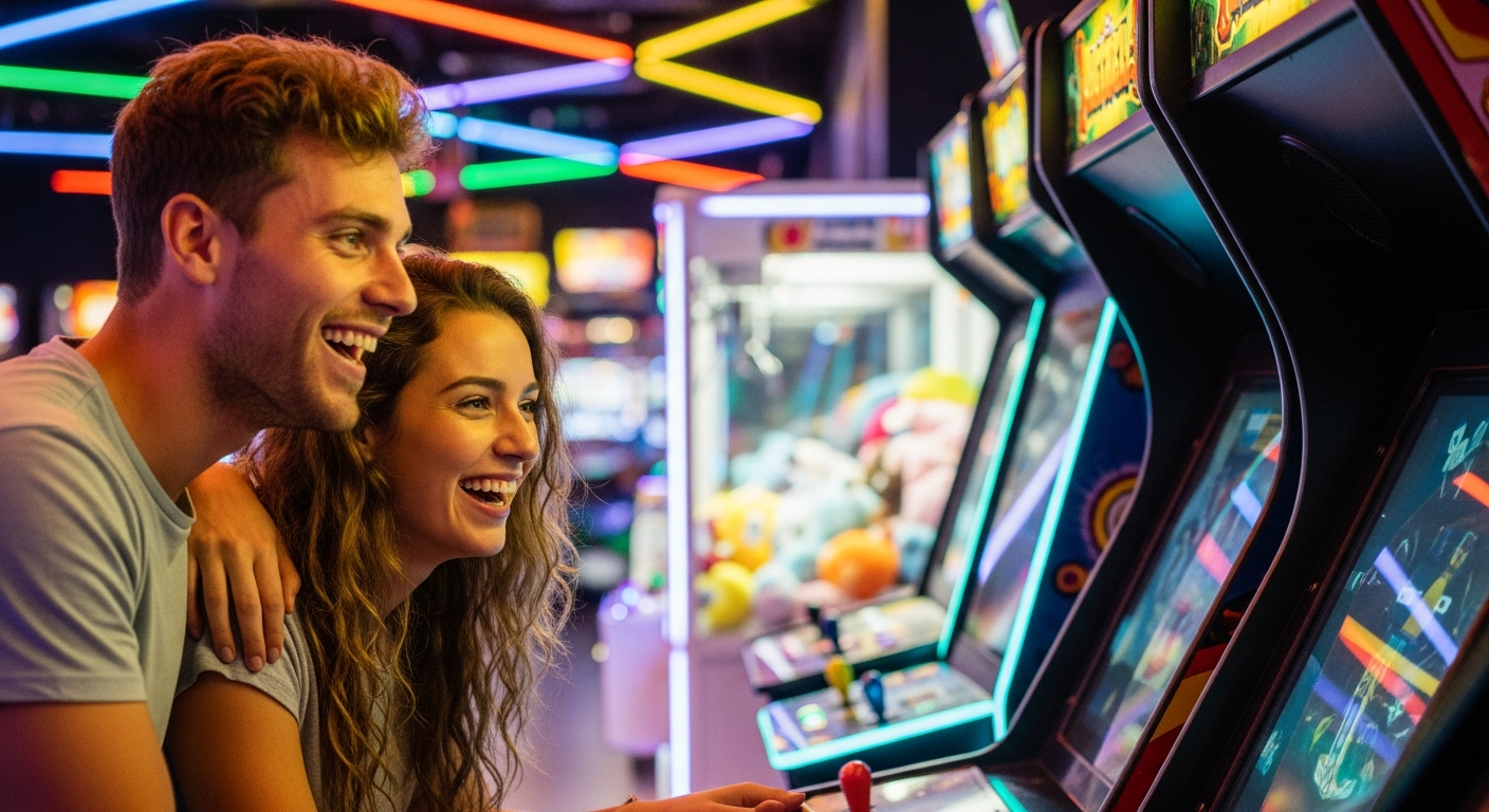 Young adults enjoying arcade games